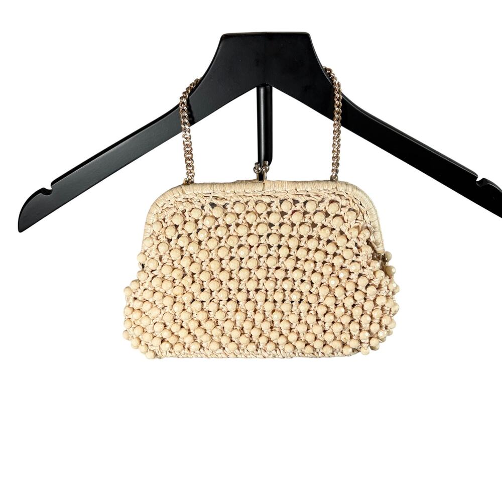 VTG Walborg cream beaded kiss clasp bag. Chain strap. Rattan weave. boho, 50s